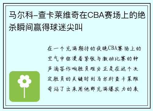 马尔科-查卡莱维奇在CBA赛场上的绝杀瞬间赢得球迷尖叫